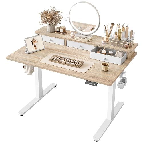 TIQLAB Small Standing Desk with 3 Drawers, 40" Computer Desk Girls, Maple | Adjustable Desk with Monitor Stand, Study Desk Vanity Kids Desk For Bedroom Small Space Office, With 2 Preset Heights&Hooks