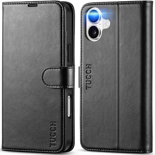 TUCCH Wallet Case for iPhone 16 Plus (6.7") 2024, 4 Card Holders, Black | RFID Blocking, Viewing Stand, Shockproof TPU Shell, PU Leather, Magnetic Closure, Protective Folio Flip Cover