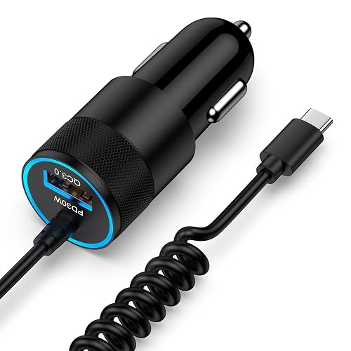 for iPhone 16e 17e 16 17 18 Pro Max Air, Fast Car Charger Adapter for | iPhone Duo, 16, 16e, 16 Pro Max, 16 Plus, 15, USB C Vehicle Phone Auto Automobile Plug 2.8FT Coiled Cable Cord, Charging