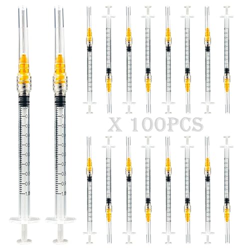 1ml Luer lock Syringe with 25Ga Needle, 100 Pack Individually Packaging Disposable Plastic Syringes and Needles for Scientific Labs, Industrial, Animal and Pet Supplies