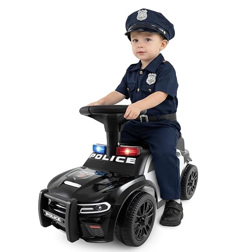 HONEY JOY Police Car Ride On, Push Car for Toddlers, Siren Light & Sound, Music, Under-Seat Storage, No Power Foot-to-Floor Sliding Car Ride On Toy for Kids Boys Girls Gift, Black