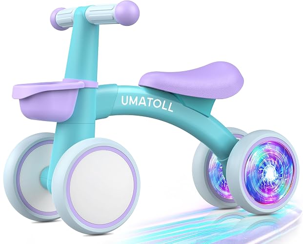 Umatoll Baby Balance Bike Toy for 1 Year Old Boy Girl, First Birthday Gift | 12-24 Months Toddler First Ride on Toys, Colorful Lighting Rear Wheels, Adjustable Seat Baby Walker, Basket