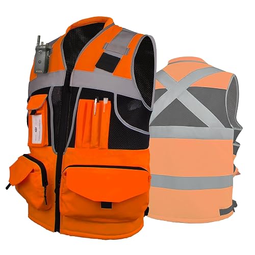 JHPAZUJA Surveyor Safety Vest for Men with 16 Pockets-Hi Vis Reflective Vest with Padded Neck Fishing Tactical Vest