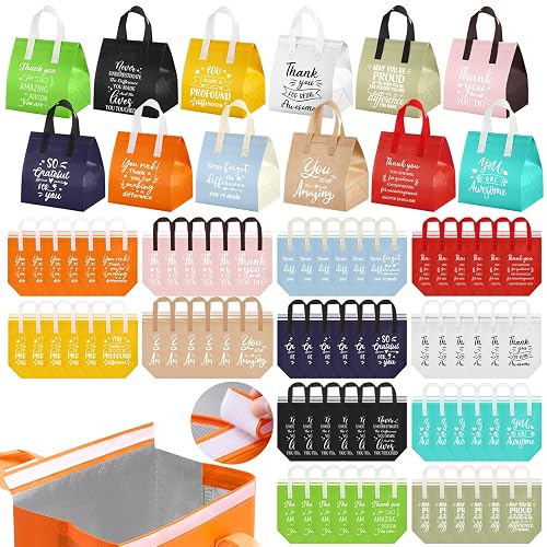 Didaey 72 Pcs Employee Appreciation Gift Bags Bulk with Handles, Reusable | Colourful Insulated Bag, 9.5 x 6 x 9.5 Inch, Thank You Theme, Staff Coworker Teacher Volunteer Party Human Resources Gifts