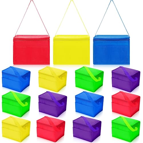 Nuogo 15 Pack Insulated Lunch Bags Bulk, Colorful, Basic Style | Reusable Cooler Boxes for Work School Picnic Beach, Leakproof Waterproof Thermal Set, Insulated Food Carriers