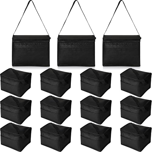 Nuogo 15 Pack Insulated Lunch Bags Bulk, Black, Basic Style | Reusable Cooler Boxes for Work School Picnic Beach, Leakproof Waterproof Thermal Set, Insulated Food Carriers