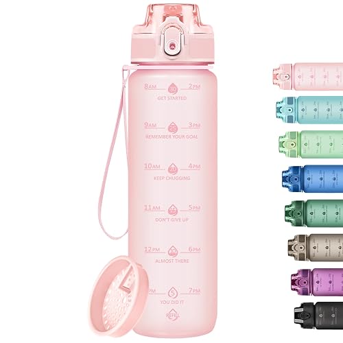 Alwager 32oz Water Bottle with Time Marker, Motivational Drinking Bottle with Strap, BPA-Free Leak-Proof, Encouraging Water Bottle Time to Drink Water for Gym School Office Travel