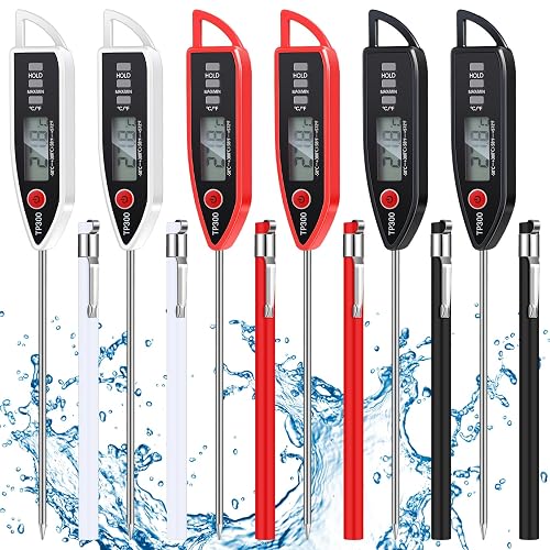 Copkim 6 Set Digital Food Thermometer Long Probe Instant,Black, White, Red | Waterproof for Water Liquid Candle, Instant Temperature Read for Kitchen BBQ Grill Candy Meat, Foldable Probe Thermometer