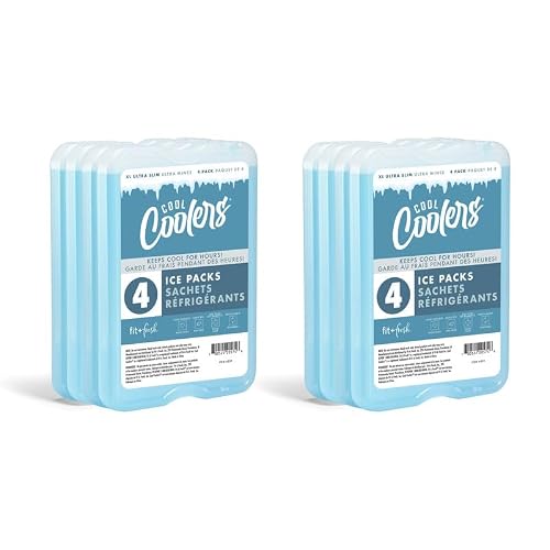 Cool Coolers by Fit & Fresh 4 Pack XL Slim Ice Packs, Quick Freeze Space Saving Reusable Ice Packs for Lunch Boxes or Coolers