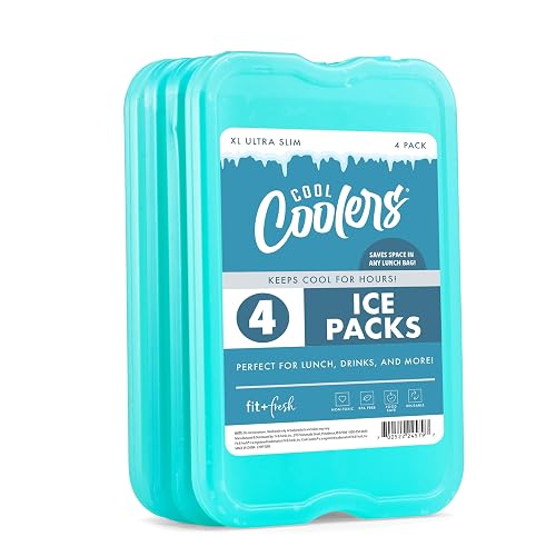 Cool Coolers by Fit & Fresh XL Reusable Slim Ice Packs For Coolers, 4pk | Long-Lasting Powerful Freeze, Space Saving, BPA-Free, Freezer Packs for Coolers, Lunch Boxes, Work, Camping, Beach & Travel