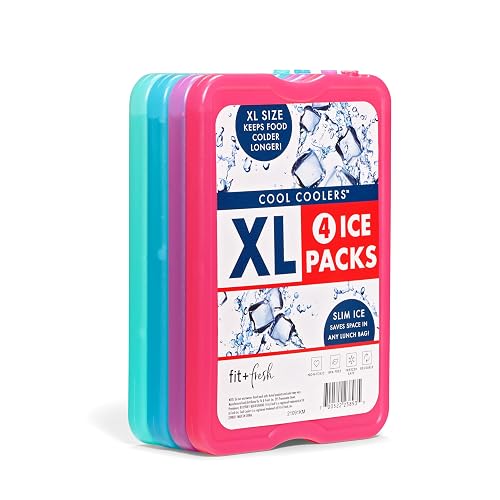 Cool Coolers by Fit & Fresh XL Reusable Slim Ice Packs For Coolers, 4pk | Long-Lasting Powerful Freeze, Space Saving, BPA-Free, Freezer Packs for Coolers, Lunch Boxes, Work, Camping, Beach & Travel