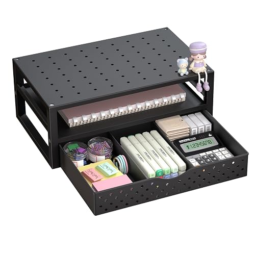 WALI Desk Organizer with Drawer，Computer Monitor Stand with Storage, Desk Organizers and Accessories for Computer, Printer, Laptop Riser for Home Office Supplies, (PTT005-B), 1 Pack, Black