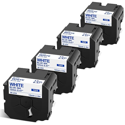 Replacement for Brother Btag Label Tape Btag-233 12mm 0.47 Blue on White | B tag233 Label Maker Tape Refills for Brother P Touch PT-N10 PT-N20 PT-N25BT Label Maker, 1/2in x 13.1ft (12mm x 4m), 4-Pack