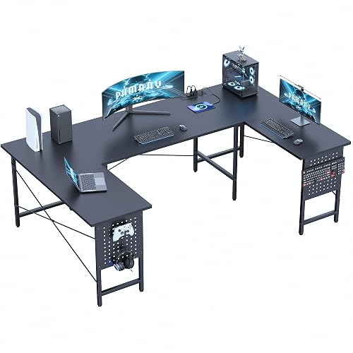 Pamray 71 Inch Large Gaming Desk with Power Outlets U Shaped Computer Desk | Spacious Workspace with USB Charging Ports & Pegboard & Headphone Hooks Suitable for PC Gaming Office Work Study and Writing
