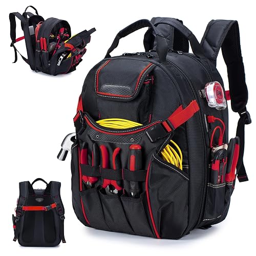 BAGZY Tool Backpack Heavy Duty 52 Pockets Tool Bag Backpack for Men Waterproof Electrician Bags with Laptop Compartment for Storage Organization Repairman Industrial & Construction Work Red