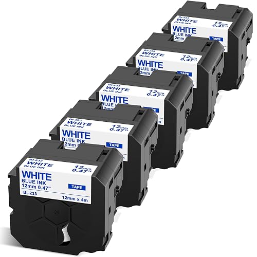 Replacement for Brother P-Touch Btag-233 Btag233 Label Tape Blue on White | 12mm x 4m Label Maker Tape Refills 1/2in by 13.1ft for Brother P Touch PT-N10 PT-N20 PT-N25BT Label Makers, 5-Pack