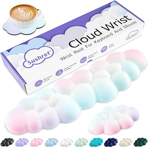 Sushret Cloud Wrist Rest Keyboard, Cloud Keyboard Wrist Pad Set with PU Leather Memory Foam, Cute Arm Rest for Palm Support, PC/Gaming Desk Accessories/Office Setup/Computer Hand Cushion - Rainbow