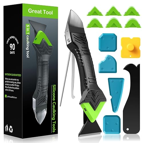 Goopreen 5 in 1 Caulking Tool Silicone Caulking Grout Removal Sealant Finishing Tool with Stainless Steel Head, 6 Replaceable Pads, Gap Seam Repair Kit for Kitchen Bathroom Sink Toilet Caulking