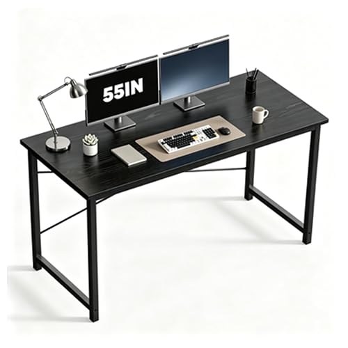 DUMOS 55 Inch Computer Desk, Home Office Gaming Desks for Bedroom, Black | Modern Study Writing Work Table, Craft PC Gaming Desk Simple Workstation for Small Spaces with Reinforcement Structure