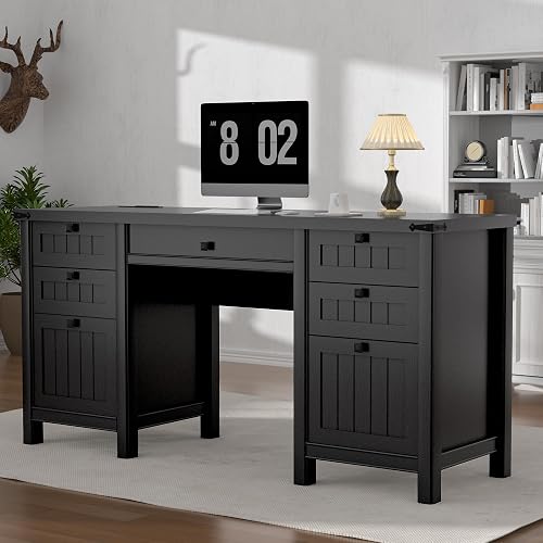 ENOUSHU 62" Executive Desk Home Office Desk with File Drawer & Cabinet | Farmhouse Computer Desk with Charging Station for Work Study Writing Cabinet Storage Workspace Black