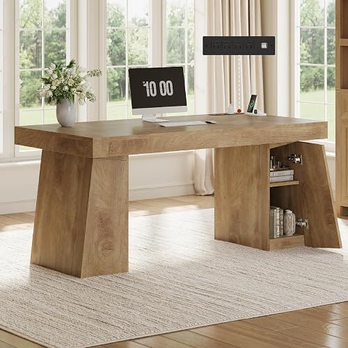 UPOSOJA 55.9" Executive Desk with Storage & Power Outlets, Home Office Desk | Modern Wood Computer Desk with Cabinet, Business Workstation Desk Conference Table, Oak
