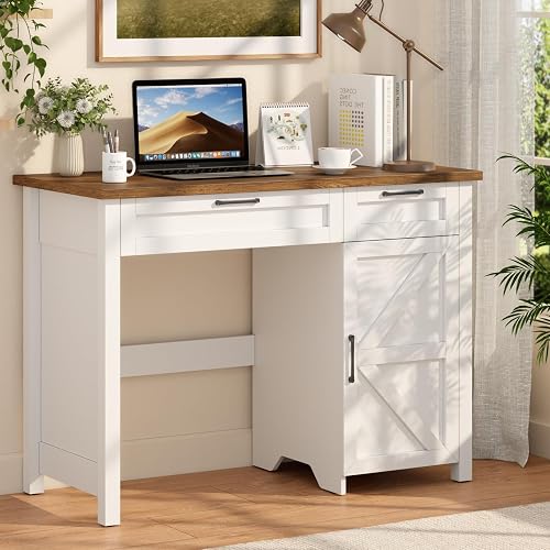 Farmhouse 43.3" Computer Desk with Storage Drawers for Home Office, White | Home Office Desk with 2 Drawers, Barn Door & Storage Shelves, White Study Desk with Storage Drawer for Small Space, Bedroom