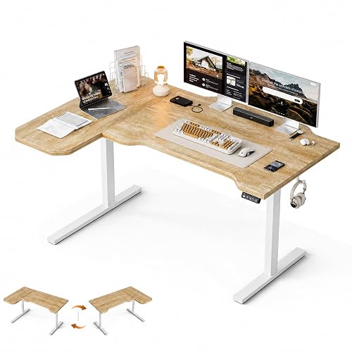Grandder 47" L Shaped Standing Desk, Electric Height Adjustable Corner Stand Up Desk with Ergonomic Curved Round Corner for Small Apartment Home Office, Oak Desktop White Frame