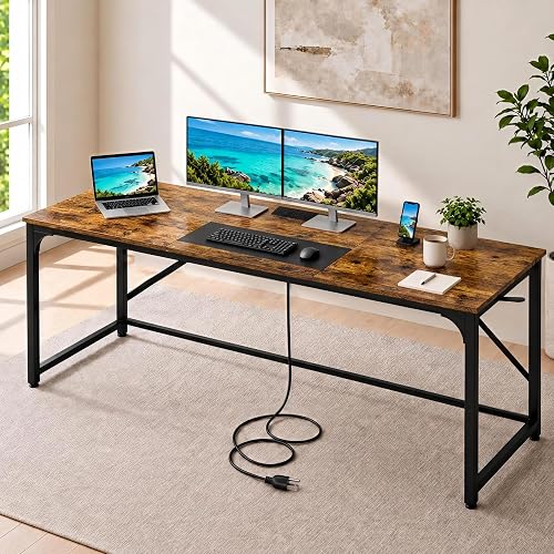 Large Computer Desk with Outlets and USB-C, 63 in Home Office Desk Table | 63 x 23.6 in long desk with 4 AC, 2 USB, Type-C, 6.6 ft cord, center reinforcement, open legroom and heaphone hooks