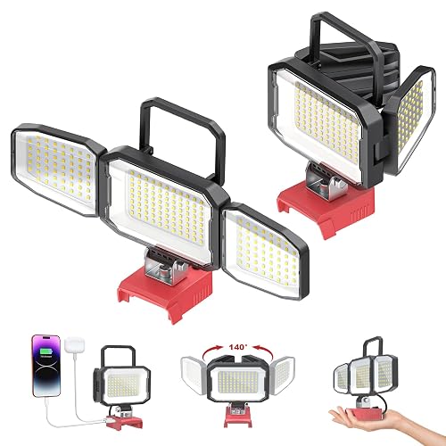 2PCS LED Work Light Compatible with Milwaukee 18V Battery, 150W 15000LM | Tool Only, Portable Flood Light, 6500K Daylight 3-Head Adjustable, USB Type-C&2 Brightness Modes Flashlight Job Site Light