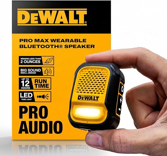 DEWALT Mini Wearable Bluetooth Speaker Pro Max (New Model) | Jobsite Clip-On Mini Speaker w/LED Work Light, IP56 Water Resistant, 12H Runtime, Built-in Mic & Multi-Speaker Link