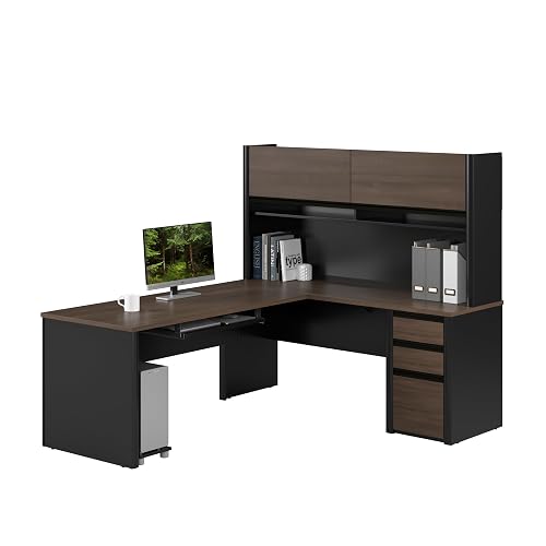 Bestar L-Shaped Desk with Hutch and Drawers, Antigua, Connexion, 72W | With Drawers; The Bestar Connexion L Shaped Desk with Drawers and Hutch presents a complete; for home office use