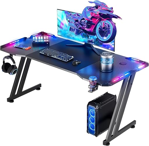 HLDIRECT 47 Inch Gaming Desk with App-Controlled RGB LED Lights, Black | Z-shaped frame design, cup holder, headphone hook, cable management & mouse pad, for dual-monitor gaming and work setup