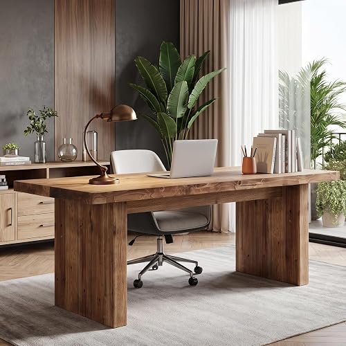 LITTLE TREE 63-Inch Solid Wood Office Desk, Live Edge Wood Desk | Executive Computer Desks, Large Writing Workstation for Home Office, Rustic Farmhouse Study Table with Natural Wood Grain