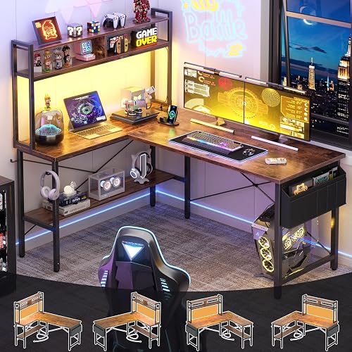 Aheaplus 59" L Shaped Desk Gaming Desk with LED Light & Power Outlet | Rustic Brown Reversible L Shaped Computer Desk, Home Office Desk Corner Gamer Desks with Shelves & Storage Bag & Hooks