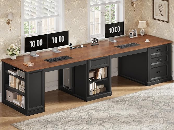 94.5''  2 Person Computer Desk With File Drawer | Double Desk with Power Strip, Home Office Desk With Open Storage Shelves, Long Writing Desk with CPU storage, Black