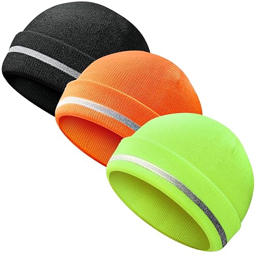 Sintege 3 Pcs Reflective Beanie | High Visibility Safety Hat with Reflective Stripe, Warm Knitted Winter Cap for Outdoor Work, Construction, Night Cycle