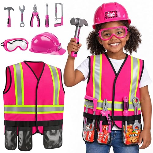 Pandapop Kids Tool Set, Toddler Dress Up Toys, Gifts for Boys & Girls 3 4 5 | Toddler Tools with Kids Construction Vest, Hard Hat & Goggles, Kids' Dress Up & Pretend Play, Halloween Costumes for Kids