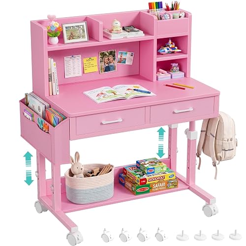 Pink Kids Desk with Hutch, 32" Height Adjustable Mobile Rolling Girls Desk | Teen Art Study Writing Table with Drawers, Built-in Bookshelf, Side Organizer & Backpack Hook, Homeschool Desk, Ages 5-12