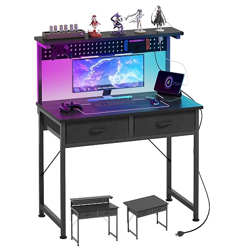 MUTUN 31" Small Desk,Drawers,Outlet,LED,Monitor Stand,Pegboard,Black | Space-saving footprint for compact rooms；Comfortable legroom for daily work and study
