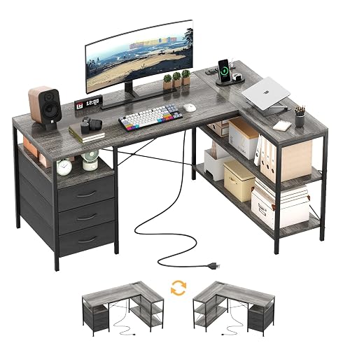 MUTUN L Shaped Computer Desk with 3 Drawers & Power Outlets, 47 Inch Corner Desk with Reversible Storage Shelves, PC Table for Home Office Bedroom (Grey, 47 Inch)