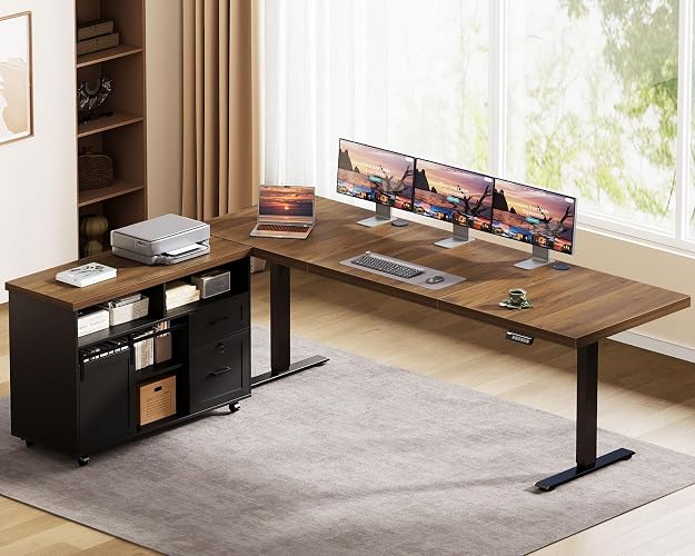 OffiGo 79 Inch Executive L-Shaped Electric Standing Desk, Walnut & Black | 1.2" Thick 3-Piece Desktop, Mobile Drawer & File Cabinet Sets for Flexible Layout, Height Adjustable Desk for Home Office