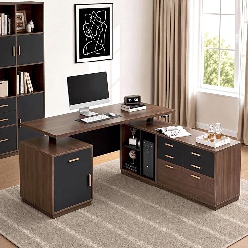 ModernMate L Shaped Electric Executive Standing Desk with Drawers & AC/USB | 59" Height Adjustable Standing Desk with Storage & Privacy Panel, Home Office Computer Table with File Cabinet, Black Walnut