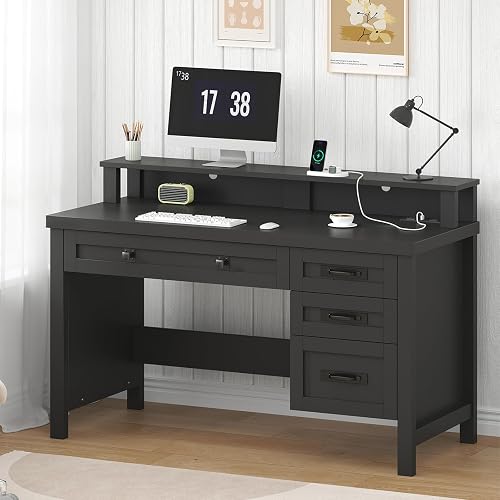 47" Farmhouse Computer Desk with Drawers & Outlets for Home Office, Bedroom | Executive Desk with Power Outlets, Home Office Desk with Monitor Stand & Drawers, Small Desk Writing Study Table, Black