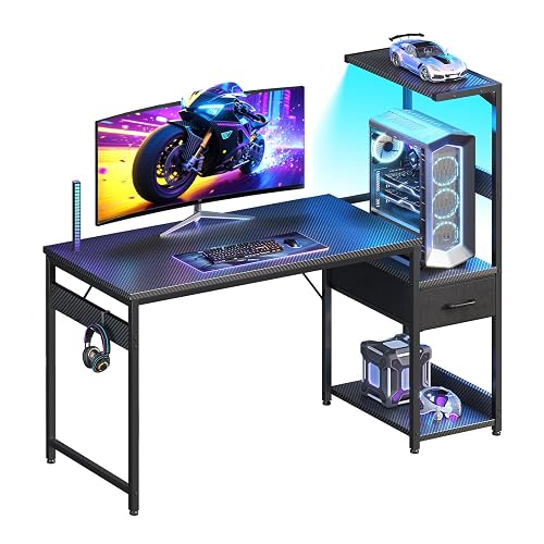 Casaottima 48'' Gaming Desk with LED Lights & CPU Stand, Black | Storage Shelves & Fabric Drawer, Reversible Computer Desk with Headphone Hook