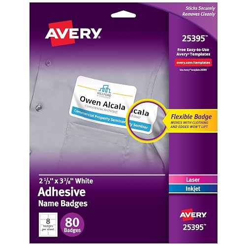 Avery® Flexible Printable Name Tag Stickers, 2-1/3" x 3-3/8", Matte White, Removable Adhesive, Laser & Inkjet Compatible, 80 Name Badges Total, Great for Networking, Events, and More (25395)