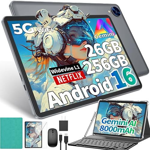 Android 16 tablet 10 inch, Tablet with 26GB+256GB+2TB Expand, Green Case | 2 in 1 Tablet with Keyboard, Gemini AI, 8-Core, 8000mAh, Widevine L1, GMS, Electronics Tablets with Case/Mouse/Stylus
