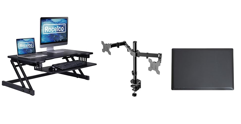 Rocelco 37.5" Deluxe Height Adjustable Standing Desk Converter with Dual Monitor Mount and Anti Fatigue Mat BUNDLE - Sit Stand Up Computer Workstation Riser - Keyboard Tray - Black (R DADRB-DM2-MAF)