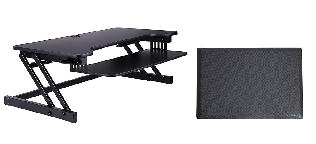 Rocelco 37.5" Deluxe Height Adjustable Standing Desk Converter with Anti Fatigue Mat BUNDLE - Quick Sit Stand Up Computer Workstation Riser - Large Retractable Keyboard Tray - Black (R DADRB-MAFM)