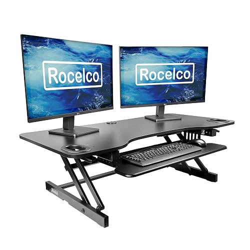 Rocelco 45" Height Adjustable Standing Desk Converter - Slide Out Retractable Keyboard Tray - Sit Stand Up Triple Monitor Riser - Dual Piston Lift Tabletop Computer Workstation - Black (R ADRB-45)