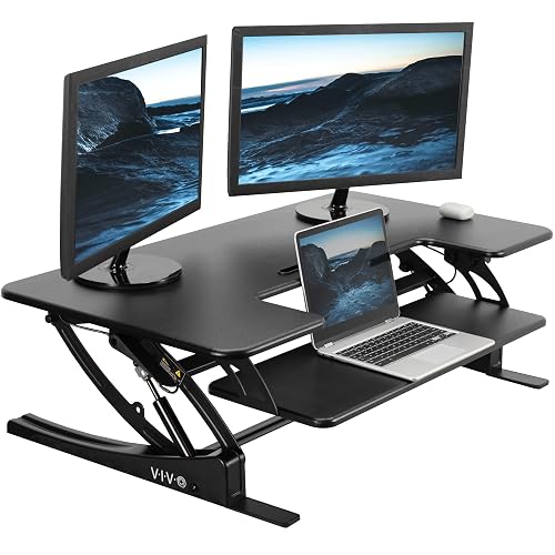 VIVO Dual Tier Standing Desk Converter, 42" Black Top | Height Adjustable, Stand Up Desk Riser, Small Front Device Slot, Wide Removable Keyboard Tray, Black Frame, DESK-V000VL